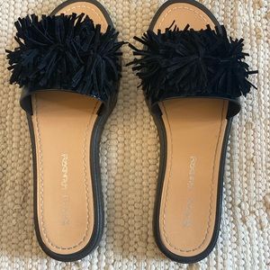 Dirty Laundry Paseo black slides with fringe pom pom